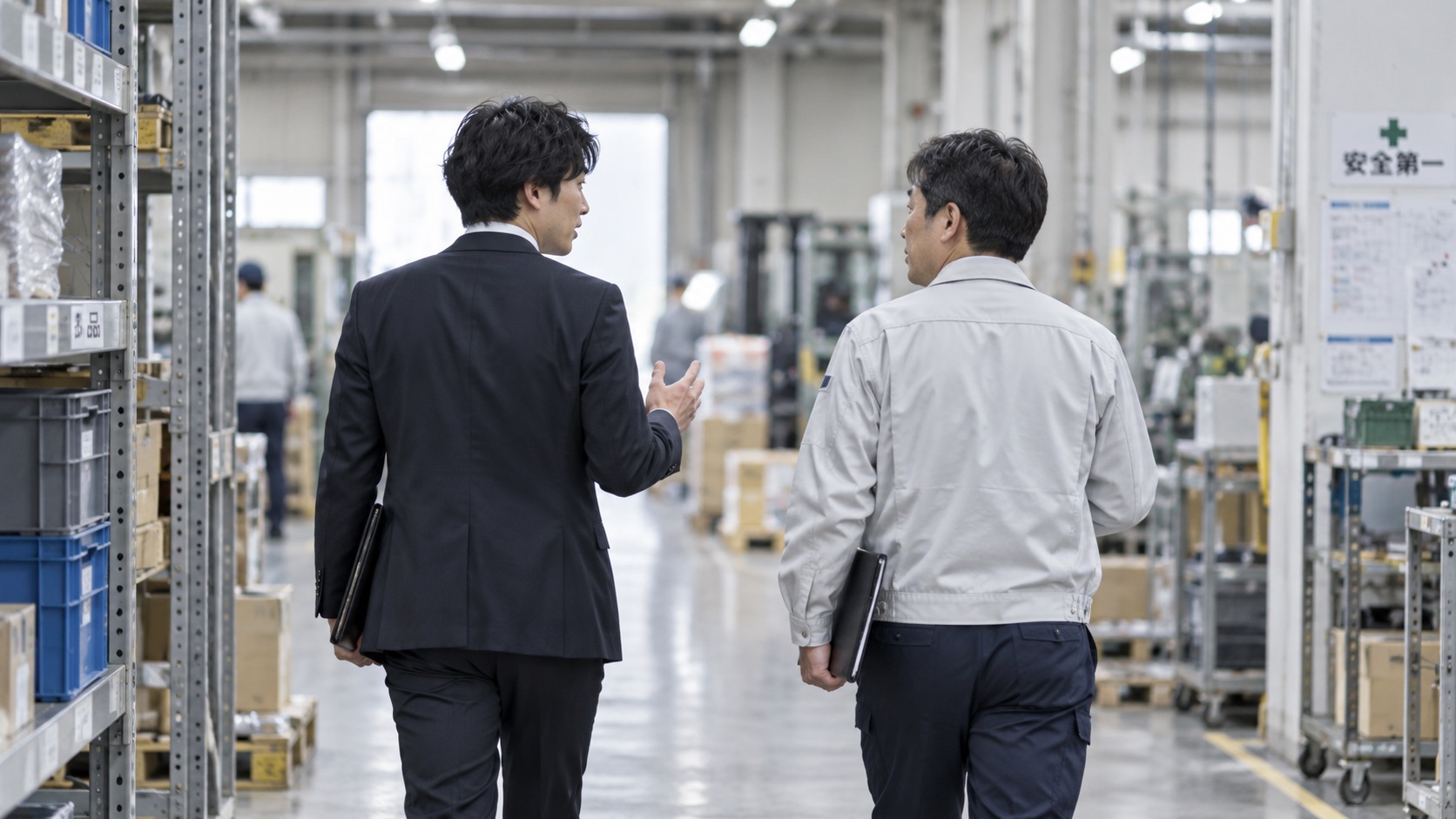 工場の現場を歩きながら話す様子