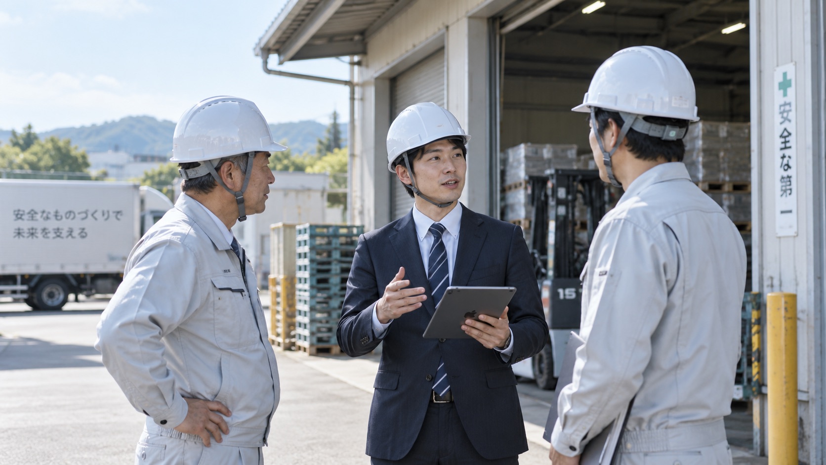 現場で仕事について話し合う様子
